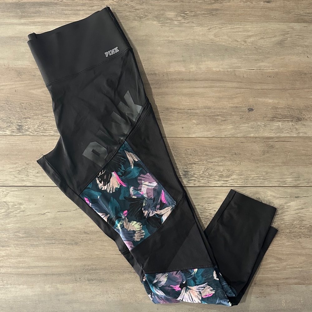 PINK Victoria's Secret Black Leggings with Floral Accents
